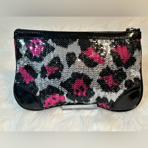 Betsey Johnson Sequin Clutch Black Pink Silver Zip Pouch Evening Bag - Picture 8 of 10